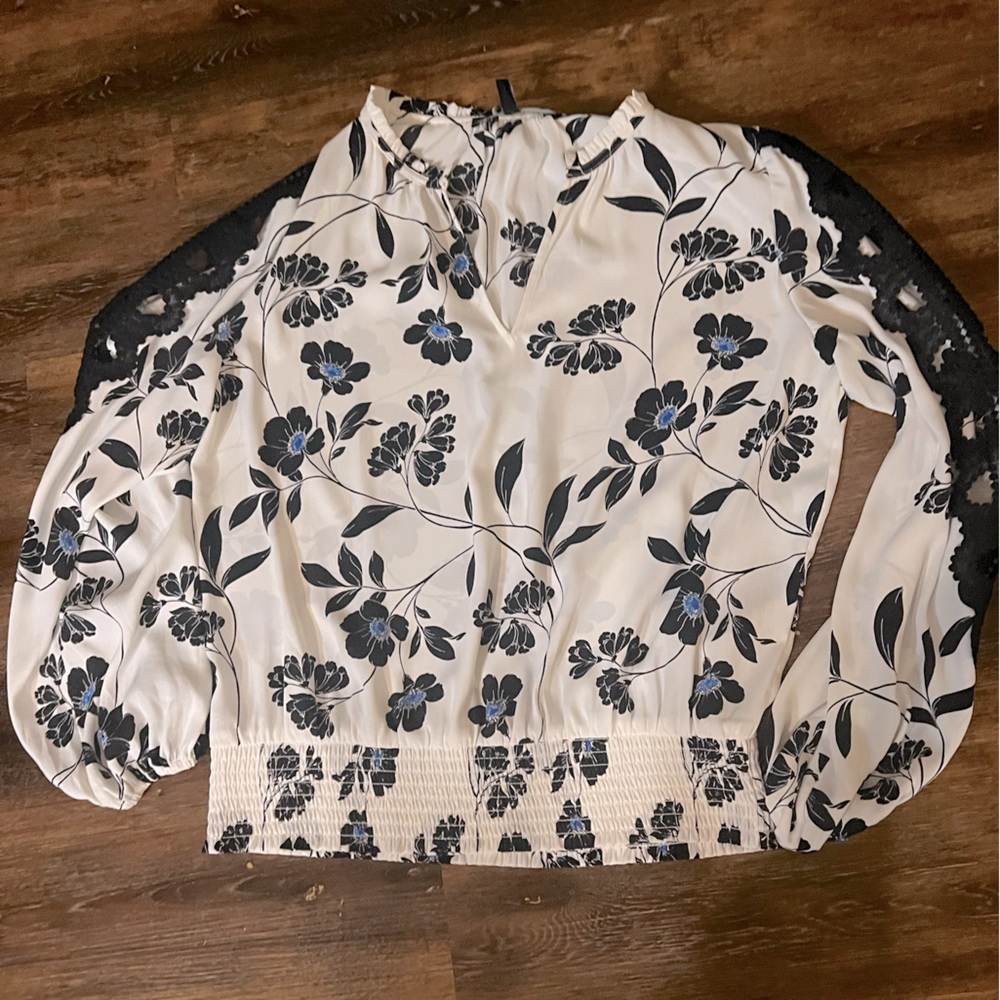 WHBM Floral Print Blouse with cut-out and crochet detail.  Size M.  Like new